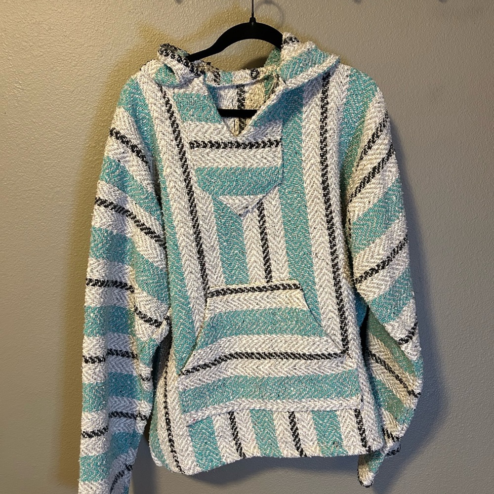 Striped Teal and White Hooded poncho